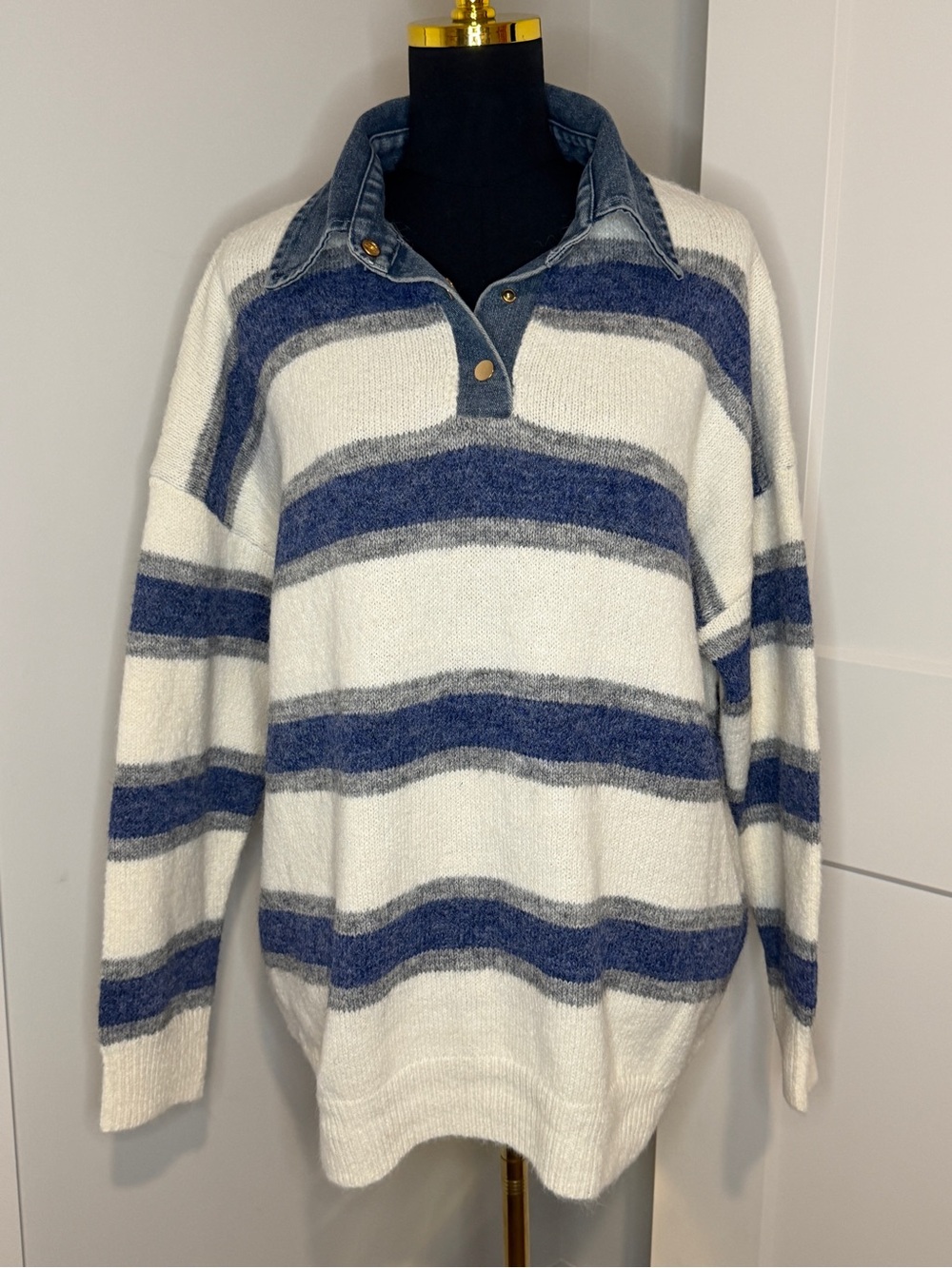 Original Brand Striped Blue and White Women’s Pullover Sweater w/ Denim Collar